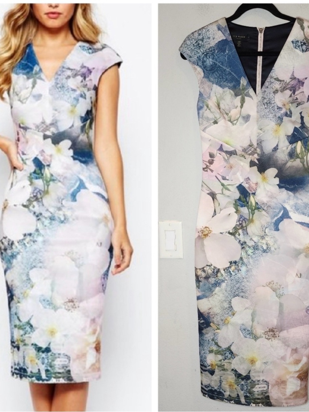 Ted Baker Pastel Floral V-Neck Midi Dress